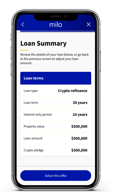 Unlock new financial opportunities with Milo's crypto-backed mortgage refinance. Pledge BTC, ETH, or USDC with our secure custodian for hassle-free cash-out on your home equity. Enjoy lower interest rates, flexible repayment terms, and qualify in minutes. Apply today.